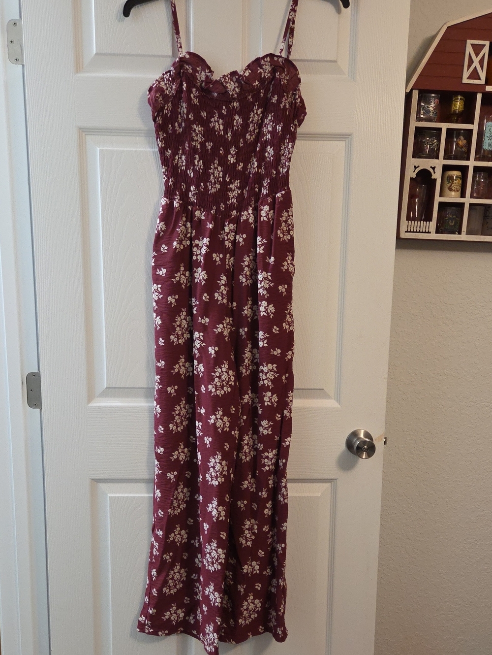 Smocked Maroon Floral Maxi Jumpsuit with Adjustable Straps